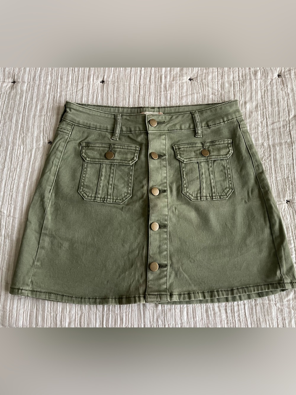 Altar'd State Olive Green Front-Button A-Line Skirt